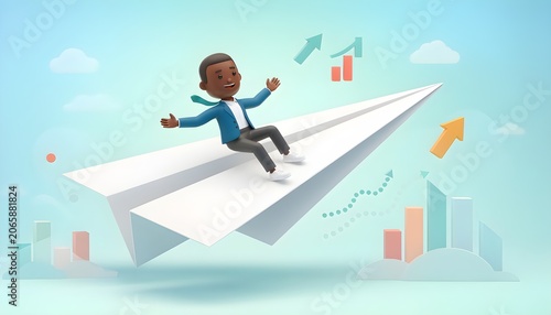Successful businessman riding a paper airplane through the sky, symbolizing business growth, innovation, leadership, achievement, startup success, and forward-thinking corporate strategy.