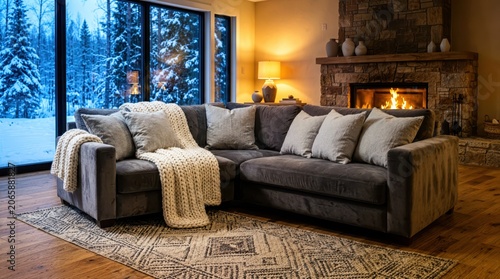 Luxurious cozy living room featuring a plush velvet sofa with oversized knitted blankets and soft linen pillows, large floor-to-ceiling windows revealing a beautiful snowy winter landscape view