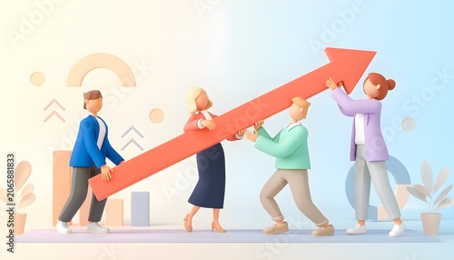 Modern 3D illustration of people carrying an upward arrow together, representing teamwork, business growth, collaboration, and shared success.