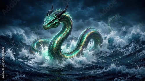 Ancient sea serpent with iridescent emerald scales and jagged obsidian horns rising from a turbulent midnight ocean, a colossal mythical creature emerging from deep dark waters in a cinematic