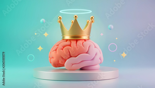 Creative 3D brain wearing a golden crown, symbolizing intelligence, leadership, knowledge, success, and smart thinking.