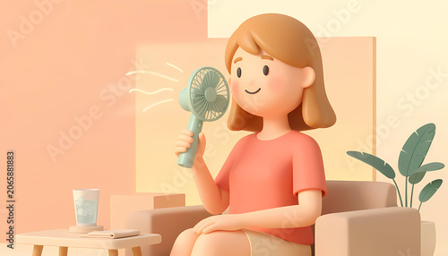 Cute 3D illustration of a woman using a portable fan indoors, staying cool during warm summer weather.