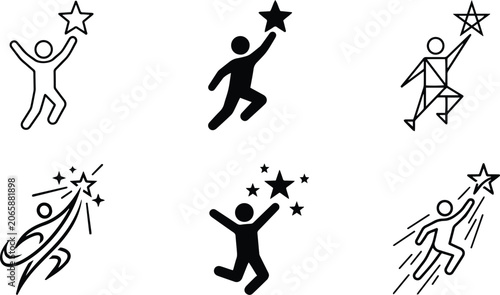 Person reaching star high achievement icon set representing dream motivation future career goals winning success personal growth and dynamic speed graphics
