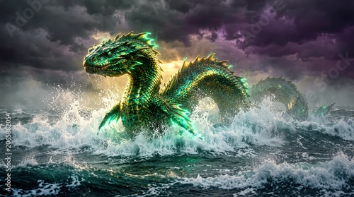 Ancient sea serpent with iridescent emerald scales and glowing bioluminescent fins rising dynamically from a turbulent dark ocean during a massive storm with splashing waves and dramatic