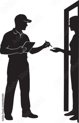 Delivery person and resident silhouette illustration with clipboard exchange and open doorway deliveryman courier postman package parcel shipping recipient homeowner entrance threshold black and white