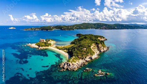 Aerial view of tropical island paradise with clear turquoise waters.
