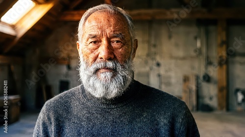 Dignified elderly man with a meticulously groomed thick grey beard and expressive wrinkles wearing a textured charcoal wool turtleneck sweater posing as the centered primary subject in a studio