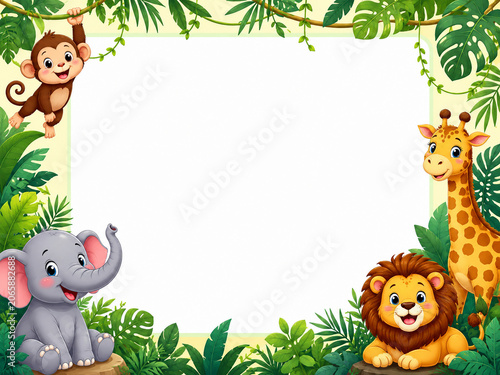 Cute jungle animal frame with monkey, elephant, giraffe, lion and tropical leaves, ideal for kids party invitations, nursery decor and safari designs.