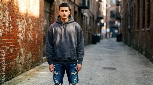 Young male model wearing an oversized charcoal streetwear hoodie and distressed denim jeans stands centered in a sunlit urban concrete alleyway with a blurred industrial background for fashion