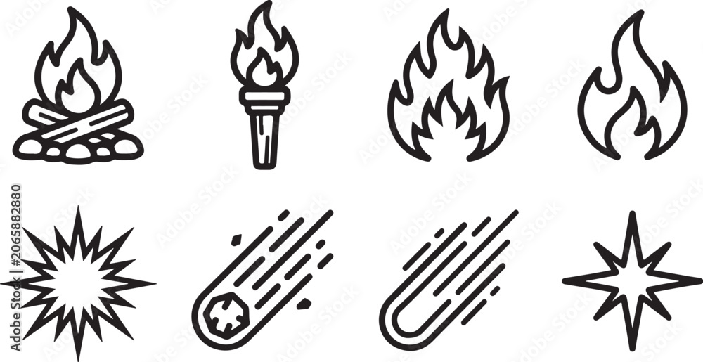 Fototapeta premium Eight stylish fire and explosion icons set