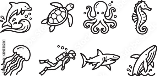 Фотография Black and white underwater sea creatures icon set