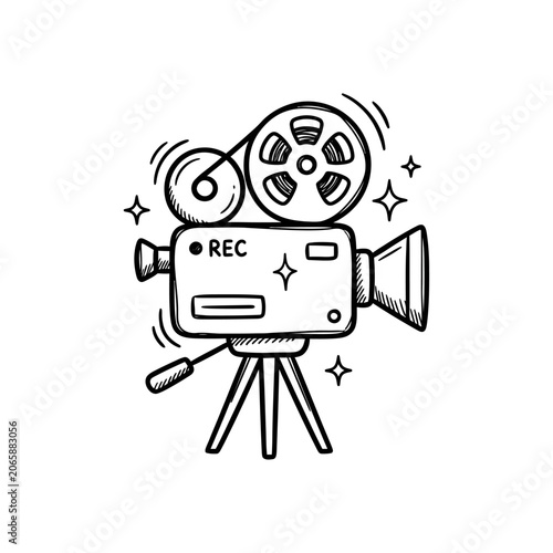 Vintage film camera on tripod stand.