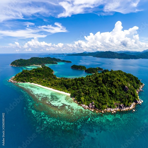 Aerial view of tropical island paradise with clear waters.