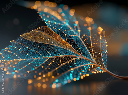 A translucent digital leaf crafted from glowing cool blue mesh veins and warm golden sparkling nodes hovers over dark glossy reflective surface, luminous vein lines shimmer 
