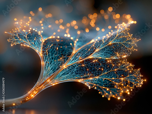 A translucent digital leaf crafted from glowing cool blue mesh veins and warm golden sparkling nodes hovers over dark glossy reflective surface, luminous vein lines shimmer 