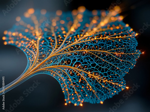 A translucent digital leaf crafted from glowing cool blue mesh veins and warm golden sparkling nodes hovers over dark glossy reflective surface, luminous vein lines shimmer 