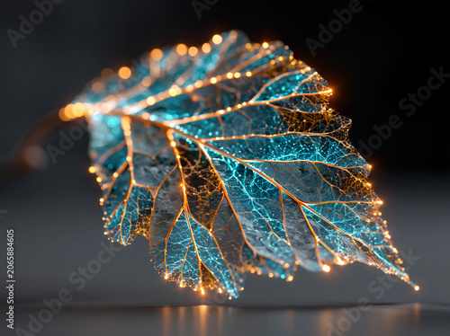 A translucent digital leaf crafted from glowing cool blue mesh veins and warm golden sparkling nodes hovers over dark glossy reflective surface, luminous vein lines shimmer 