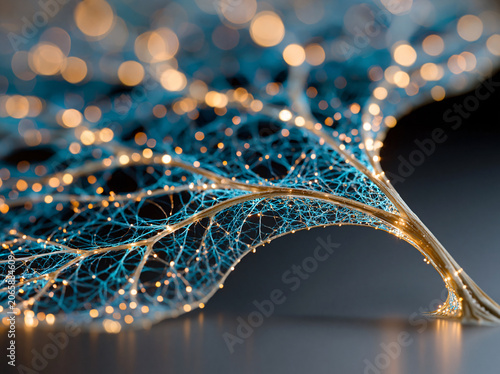 A translucent digital leaf crafted from glowing cool blue mesh veins and warm golden sparkling nodes hovers over dark glossy reflective surface, luminous vein lines shimmer 