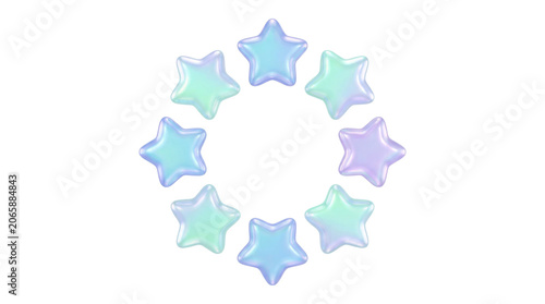Iridescent star-shaped balloons arranged in a circle on white background