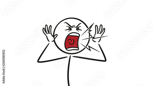 Stick Figure Screaming in Anger with Open Mouth on Isolated White Background