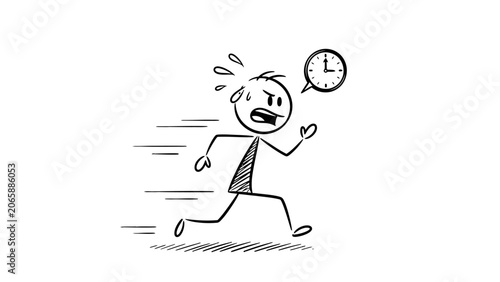 Tableau sur toile Sweating Stick Figure Man Running Fast with Clock Icon, Feeling Rushed and Stressed, Isolated White Background