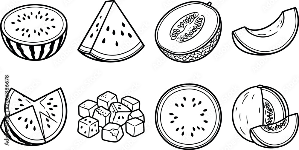 Fototapeta premium A collection of hand drawn black and white vector illustrations showcasing various sliced pieces of watermelon and cantaloupe melon arranged neatly isolated on transparent background