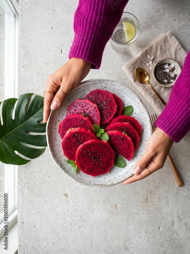 Hands Serving Sliced Red Pitaya Fruit