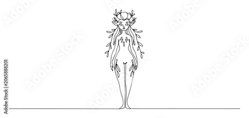 Εκτύπωση καμβά vector engraving monoline drawing of mystical forest fairy woman
