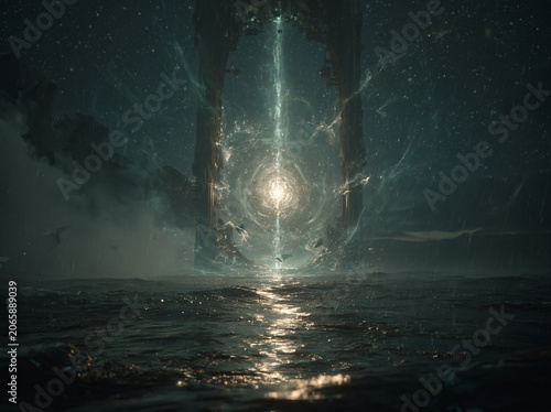 Colossal worn mechanical sci-fi ring portal stands half-submerged on dark rippling nighttime water, vertical radiant golden light beam surges from core amid star-speckled sky and faint mist hovering 