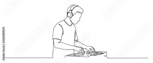Bild auf Leinwand dj at turntable icon – man mixing music line art