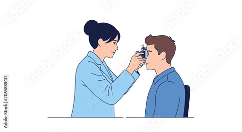 Optometrist examining patient's eyes with ophthalmoscope, vision test