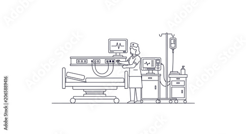 Nurse Caring for Patient in ICU with Medical Equipment, Hospital Bed and Monitors