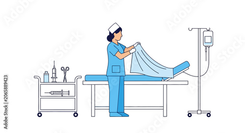 Nurse preparing operating room, medical equipment, surgical procedure, healthcare concept