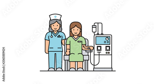 Nurse with Patient at Dialysis Machine - Medical Treatment Illustration