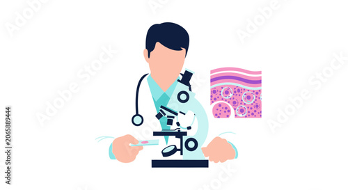 Scientist examining skin cells under a microscope, medical research illustration