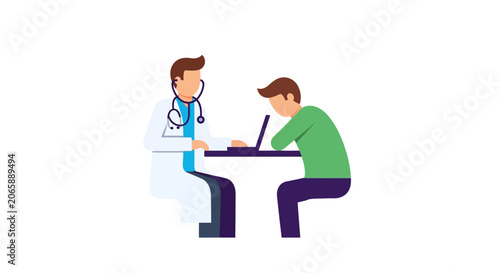 Doctor consulting patient at desk with laptop, medical checkup, healthcare concept