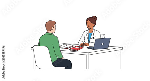 Doctor consulting patient at desk with laptop and medical notes