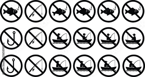 Foto Vector illustration of fishing icons with prohibition and allowance signs repres
