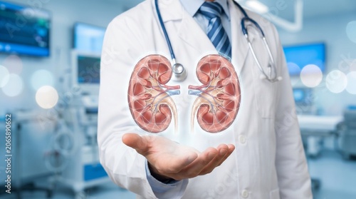 Doctor Holding Human Kidney Model in Hospital with Medical Equipment Background