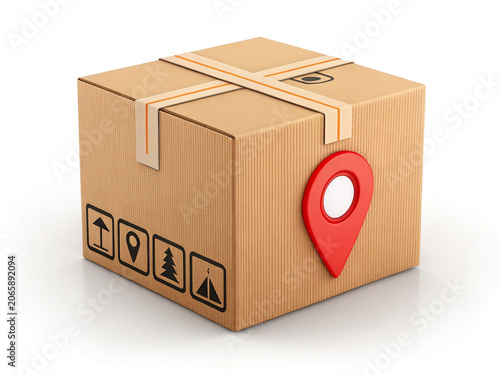A brown cardboard box with a red location pin on the side isolated on white background
