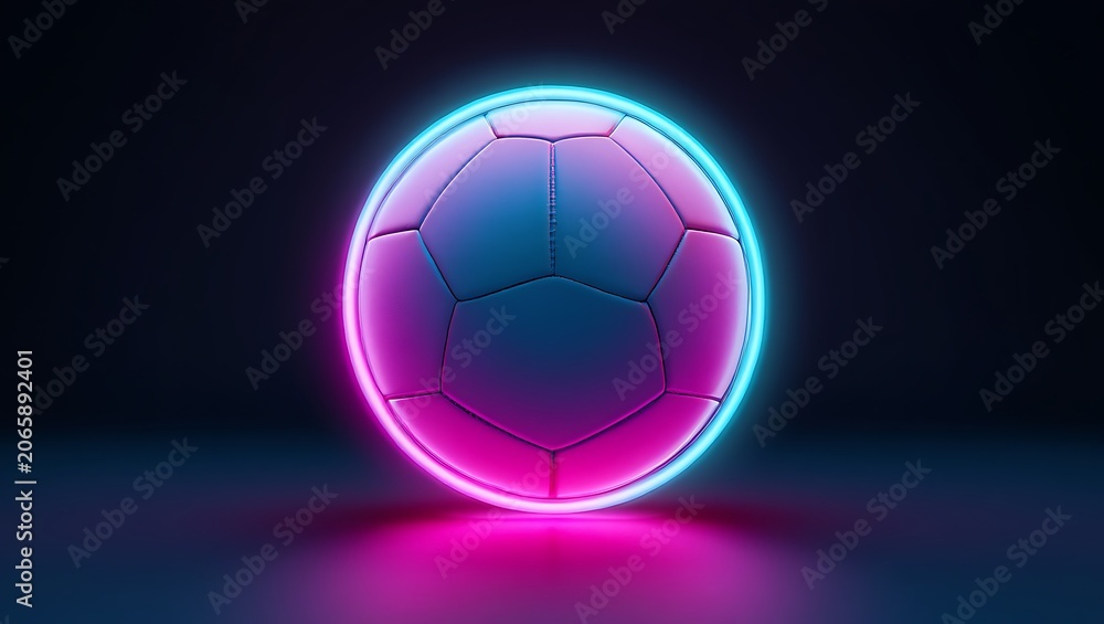 Naklejka premium Soccer ball with glowing neon pink and blue light rings on a dark background for modern sports concept design