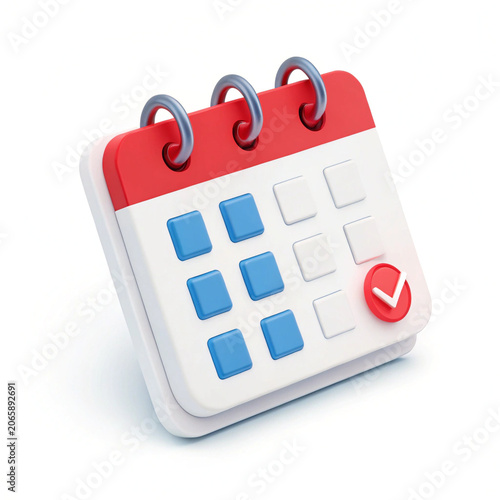 A 3d illustration of a calendar with a red header and blue and white buttons on a white background
