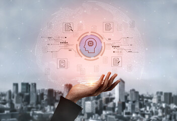 Hand Holding AI Technology Concept with Digital Brain and Data Icons Over City Skylines in the Background Representing Innovation and Modernization. Glyphic.