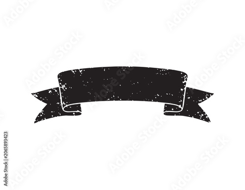 Distressed black grunge ribbon banner, vintage textured scroll element, rustic hand-drawn vector graphic for labels and badges