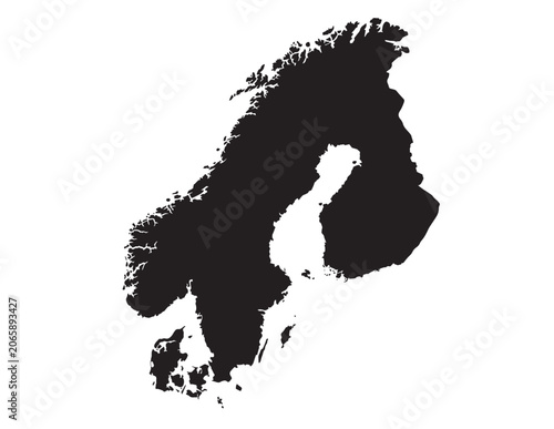 Black silhouette map of Scandinavia, Nordic region geographic outline, Northern European country borders, vector illustration for travel and education.