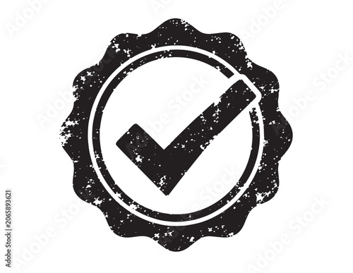 Schilderij op canvas Distressed black grunge check mark icon, vintage rubber stamp style approval sym