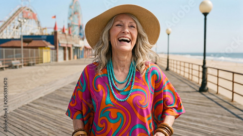 Cheerful senior woman walking on a Coney Island boardwalk, laughing and enjoying a relaxing sunny day by the beach
