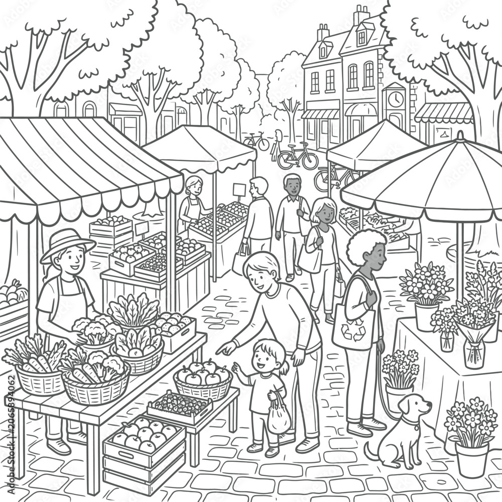 Fototapeta premium Black and white of a farmer's market with vendors and customers buying fresh fruits and vegetables