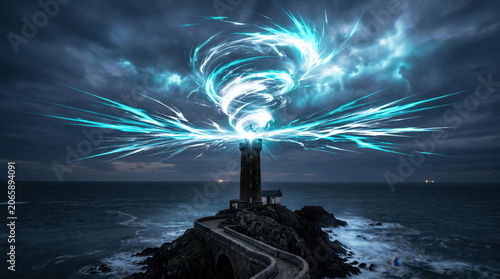 A lighthouse stands on a rocky shore surrounded by water