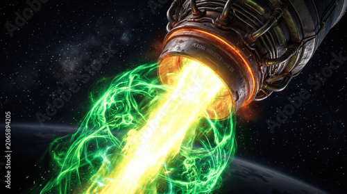 A rocket engine is shown firing its propulsion system into space